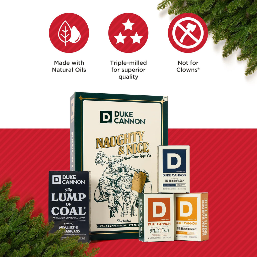 Duke Cannon Lump of Coal Gift Set - 10 oz Bar + 3 Junior Bars (American Bourbon, Sawtooth, Midnight Swim)