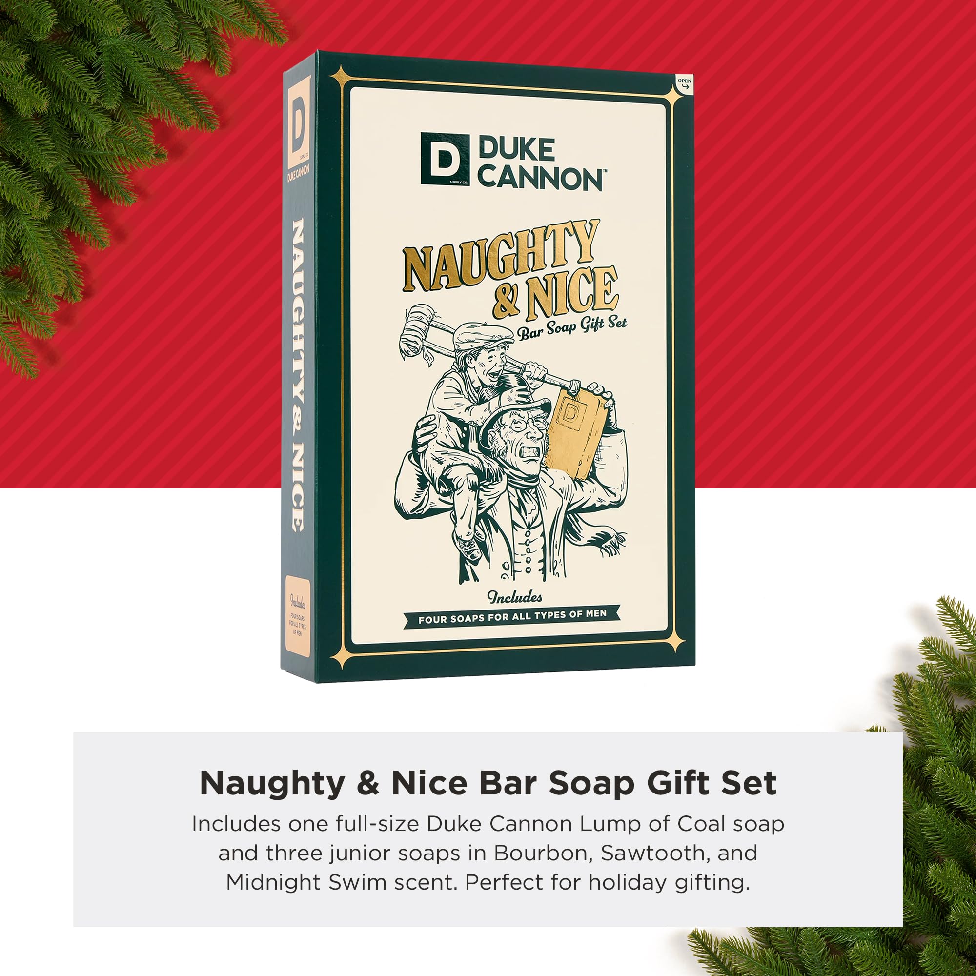 Duke Cannon Lump of Coal Gift Set - 10 oz Bar + 3 Junior Bars (American Bourbon, Sawtooth, Midnight Swim)