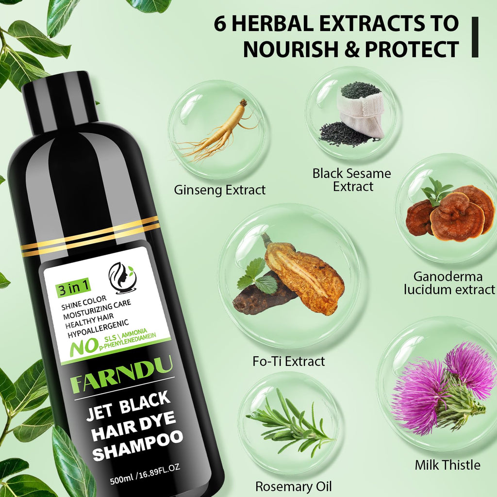 DYEING 221 BC FarnDu Jet Black Hair Dye Shampoo – 3 in 1 Natural Herbal Color, 100% Gray Coverage, Ammonia-Free (500ml)