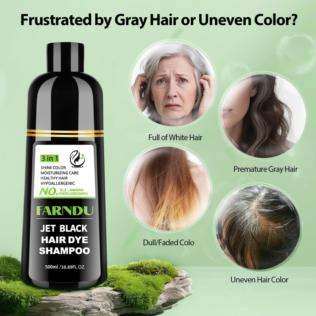 DYEING 221 BC FarnDu Jet Black Hair Dye Shampoo – 3 in 1 Natural Herbal Color, 100% Gray Coverage, Ammonia-Free (500ml)
