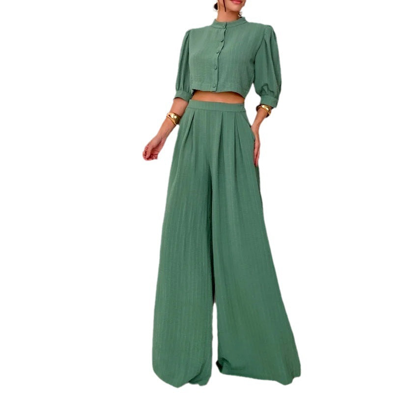 Round Neck Half Sleeve Short Vest High Waist Straight Pants Suit