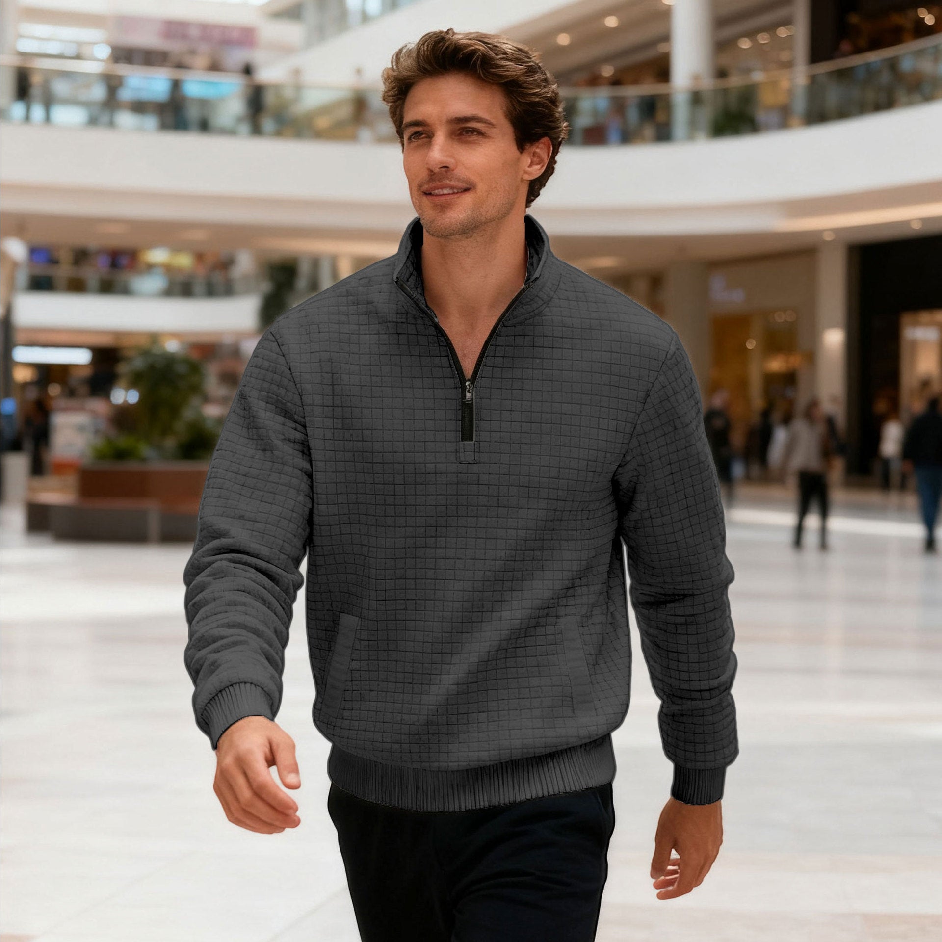 Men's Sweatshirt Autumn And Winter New Style Stand-up Collar Long Sleeve Small Check