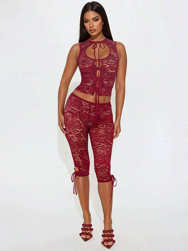 Lace-spliced Lace-up Backless Top And Shorts Set For Women