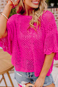 Pink Pointelle Knit Top Women UK | Scalloped Short Sleeve
