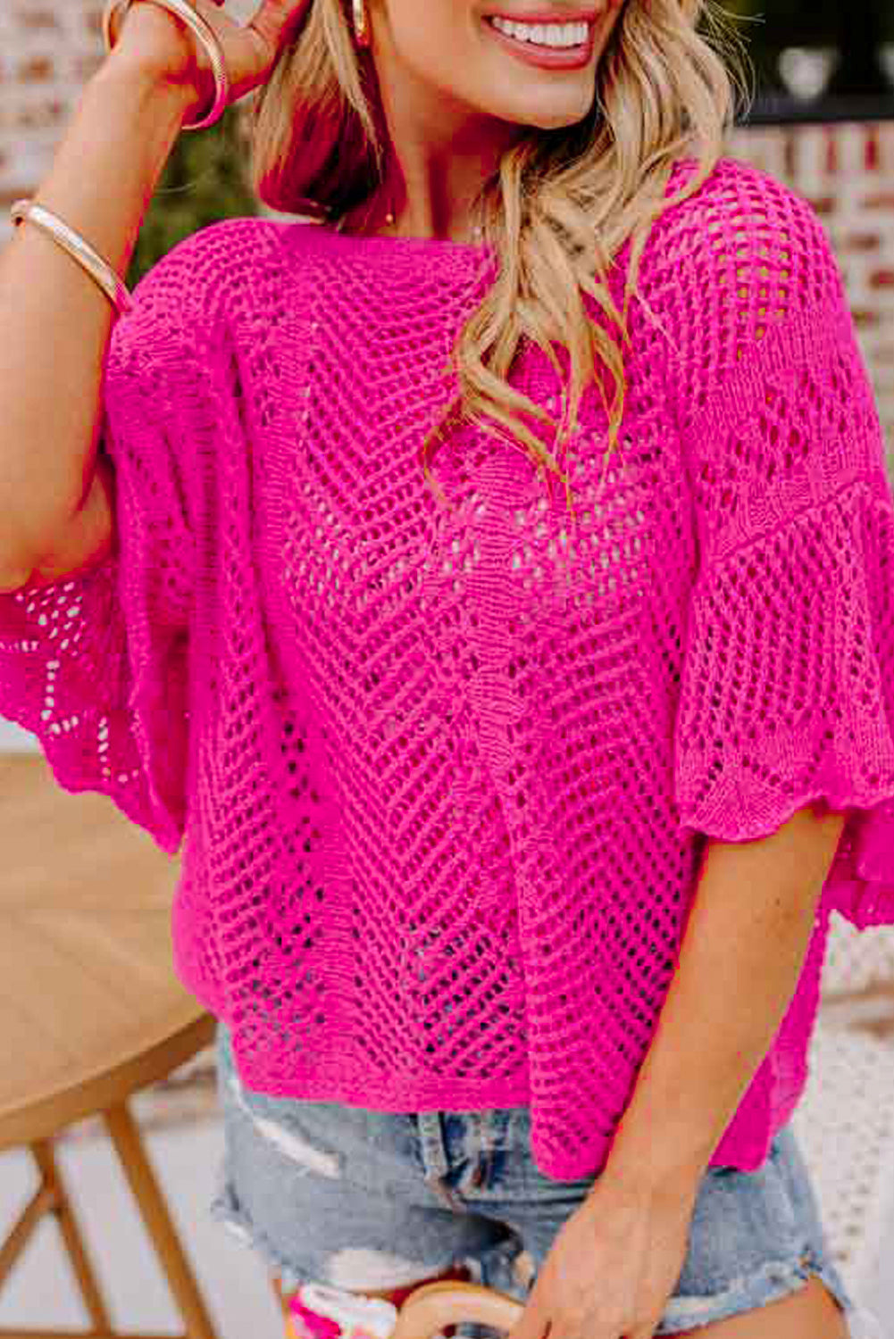 Pink Pointelle Knit Top Women UK | Scalloped Short Sleeve