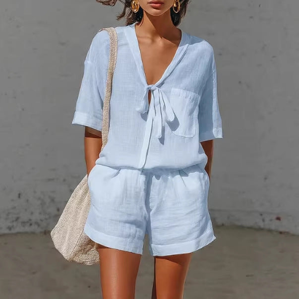 Summer New Solid Color Casual Cardigan Lace-up Short-sleeve Shirt Loose Shorts Set For Women
