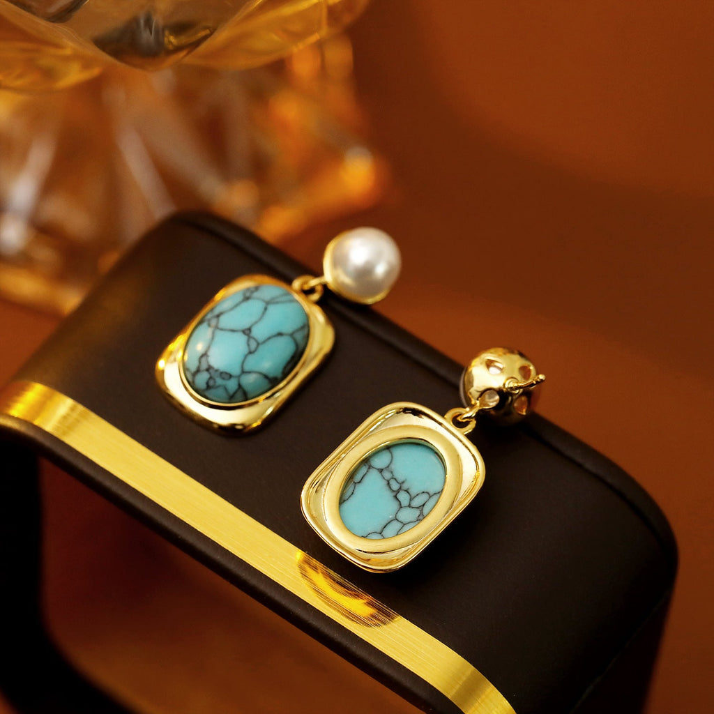 French Vintage Oval Turquoise Pearl Earrings