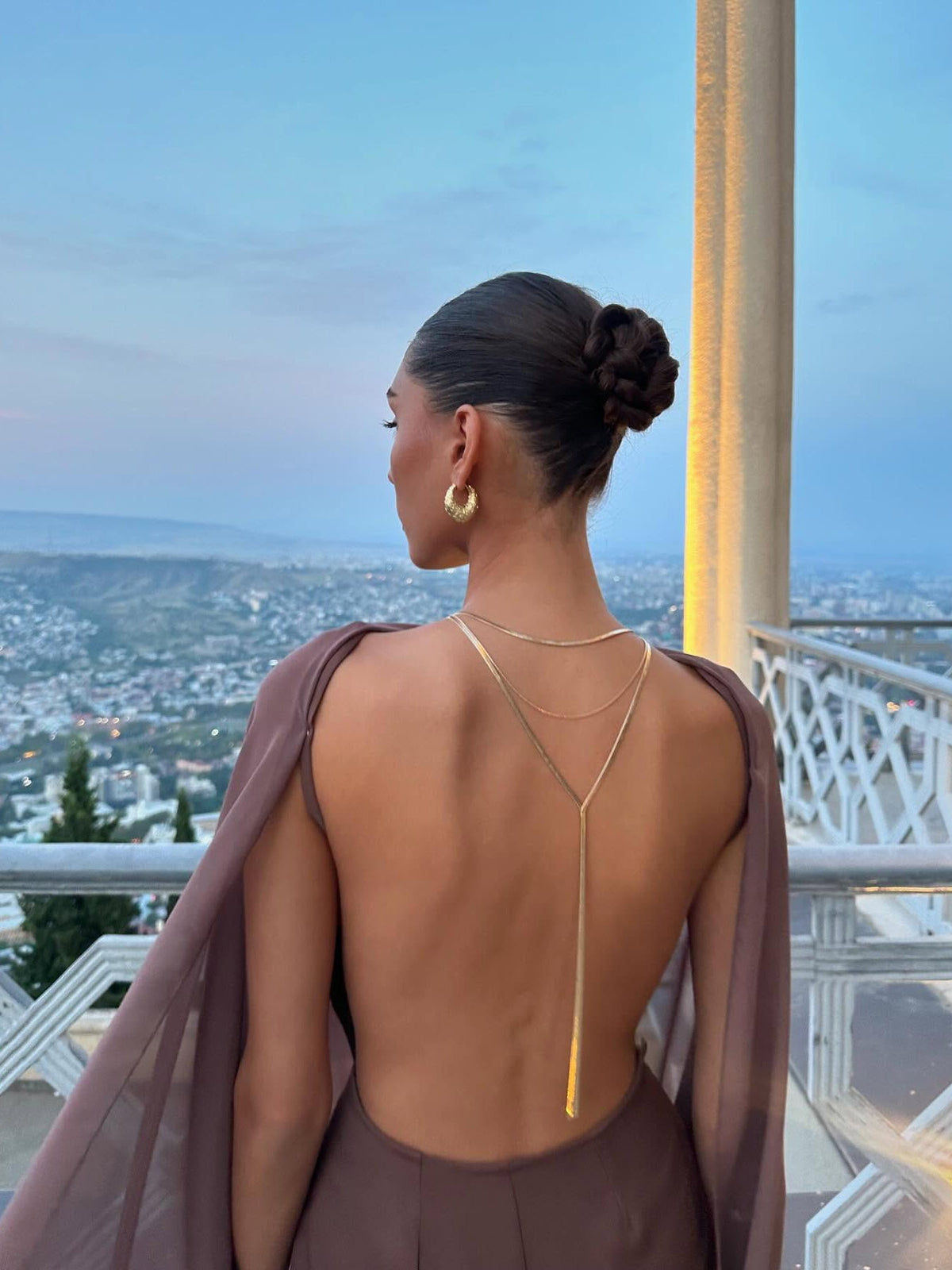 Brown Backless Patchwork Chiffon Dress