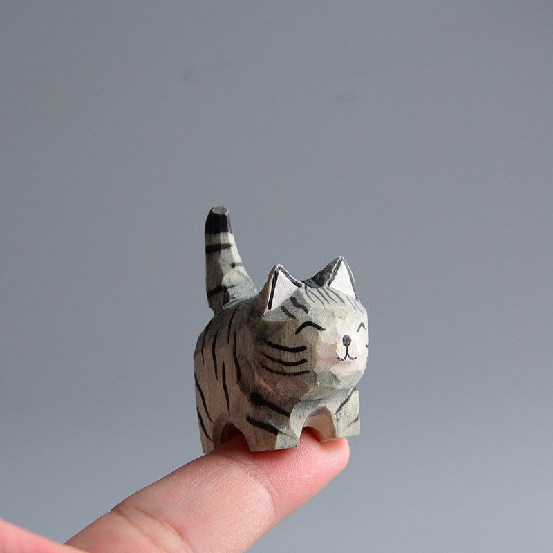 Handmade Wooden Cat Figurine - Artisan Carved Wood Cat Sculpture Home Decor Gift