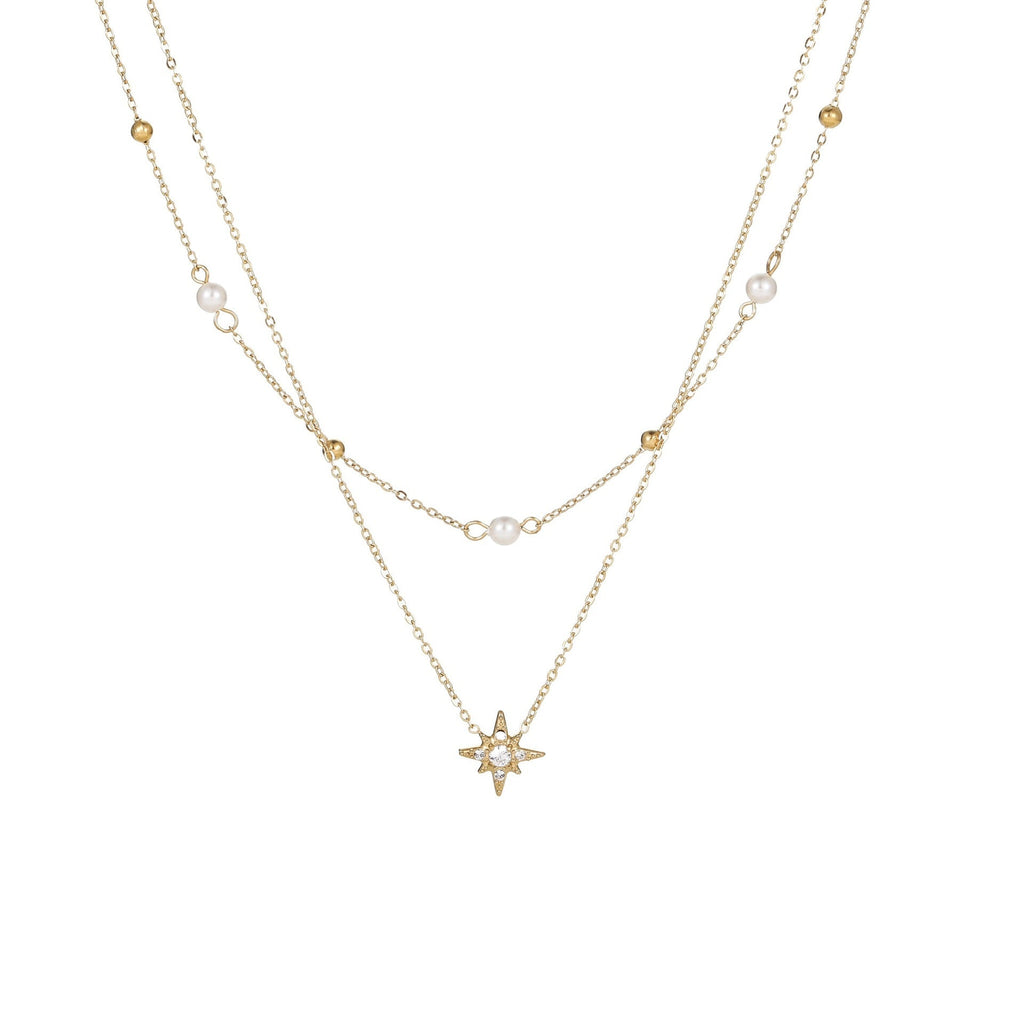 Double-layer Six-pointed Star Rhinestone Pearl Stainless Steel Necklace 18K Gold Plating Ins Design Sense