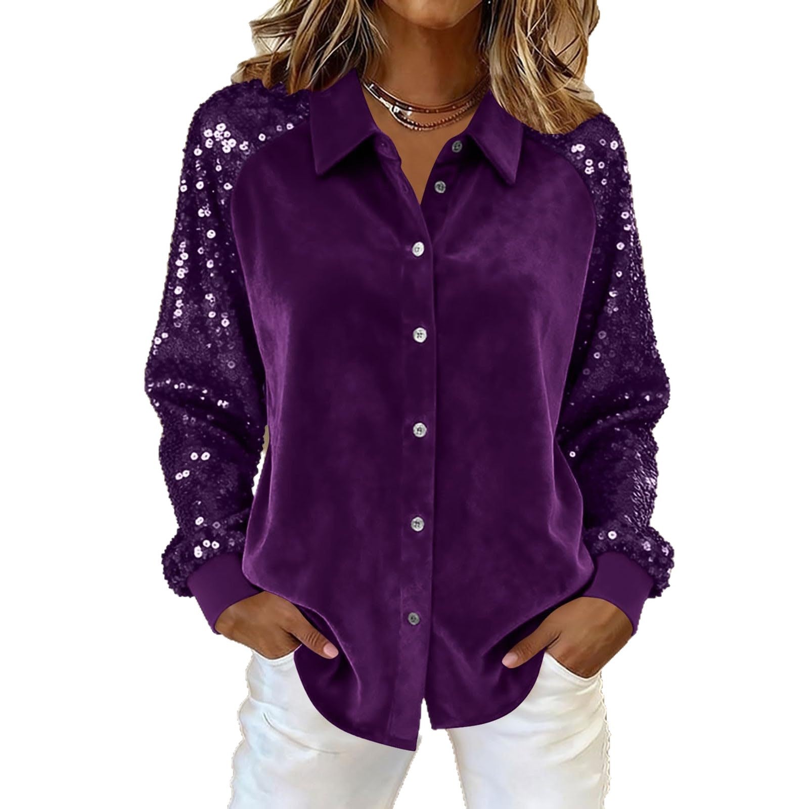 Women's Fashion Sequins Long Sleeve Blouses Casual Solid Long Sleeve Turn-down Collar Button Shirts Top Women Holiday Streetwear Clubwear Clothes