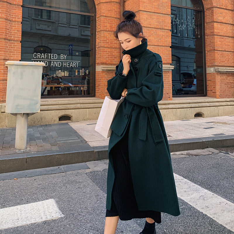 Mid-length Woolen Coat Over-the-knee Waist British Style Coat