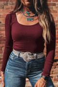 Brown Ribbed Long Sleeve Crop Top
