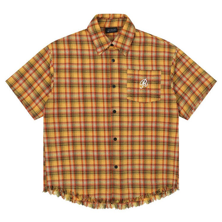 American Embroidery Pocket Yellow Short Sleeve Plaid Shirt Men And Women