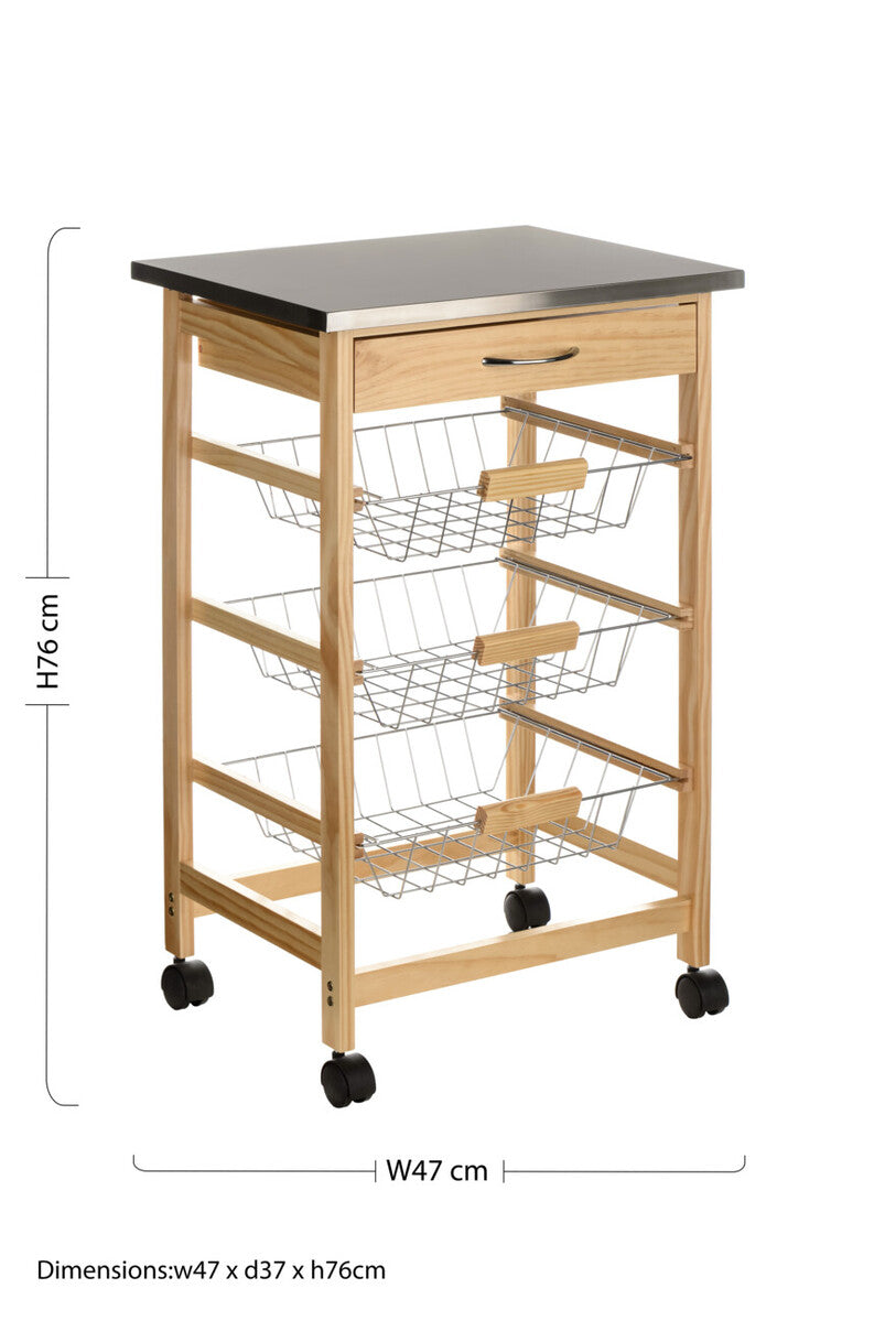 Silver Pinewood Kitchen Trolley with Drawer and Baskets, Harlow Glenn