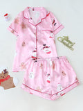 Cute Cartoon Pajama Set With A Turn-down Collar Short Sleeves