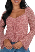 Pink Floral Lace Bell Sleeve Square Neck Blouse Women UK