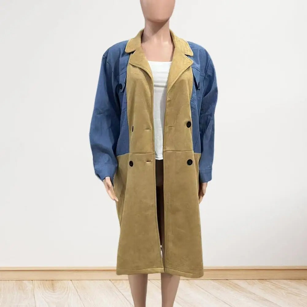 Women's Suit Collar Denim Stitching Mid-length Coat