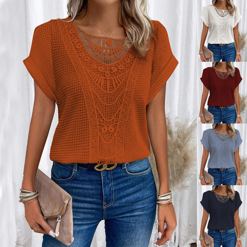 Summer Hollow Out Short-sleeved T-shirt Fashion Ethnic Style Tops Women's Clothing