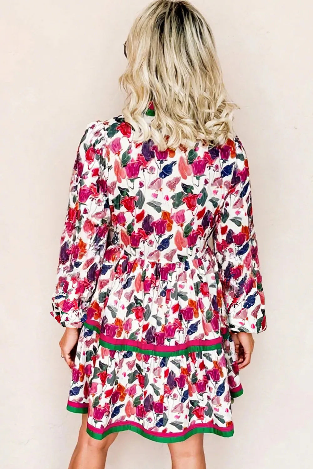 Purple Floral Print Contrast Striped Detail Long Sleeve Mini Dress
