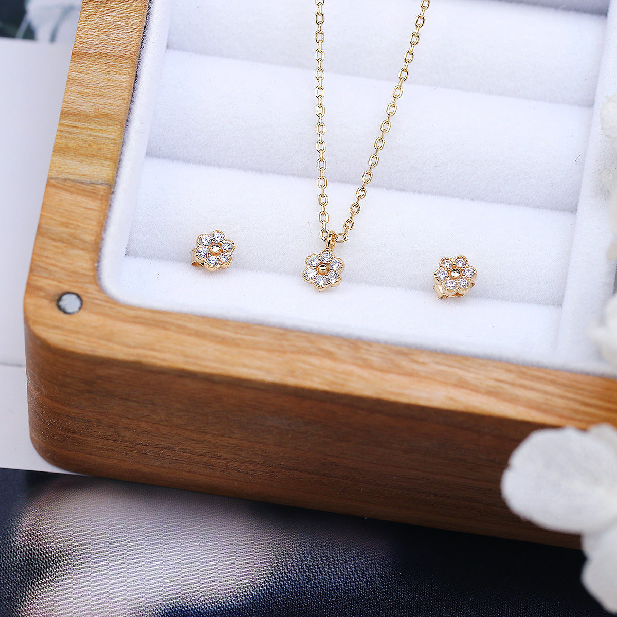 Fresh Sweet And Simple Flower Set Sterling Silver Ring Necklace