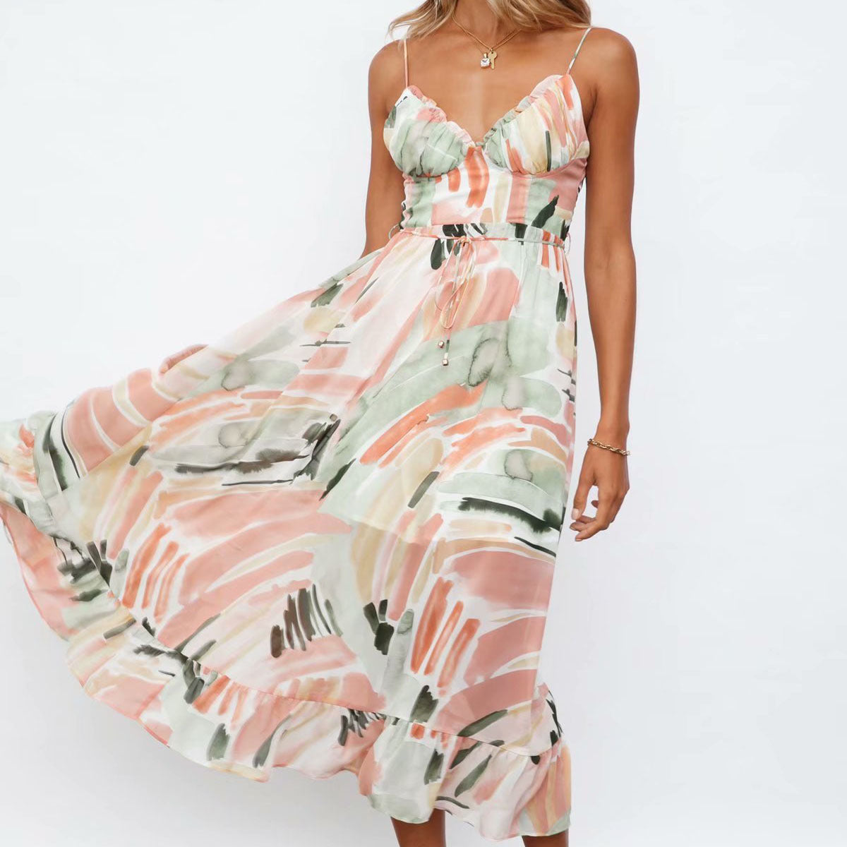 Summer New Fashion V-Neck Suspender Dress Sexy Backless Printing Long Skirt