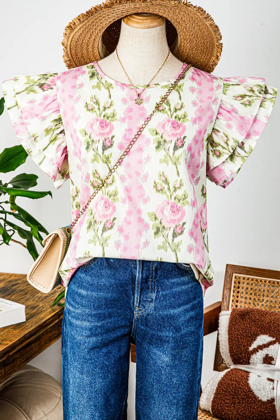 Pink Floral Ruffled Sleeve Summer Top Women UK