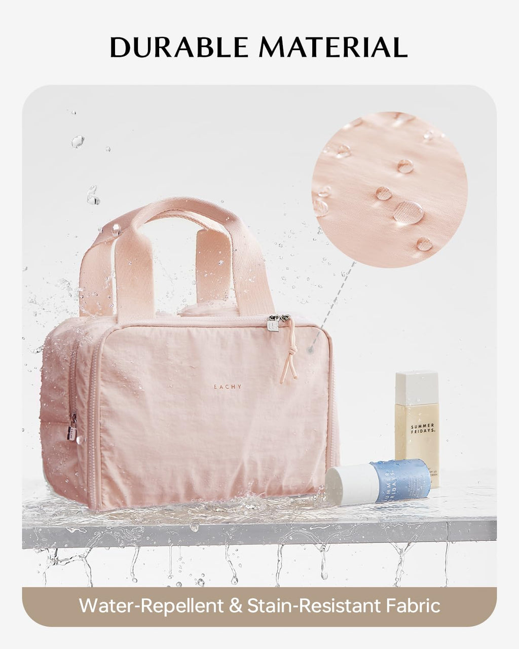 EACHY Travel Makeup Bag with Handle – Large Capacity, Waterproof, Pink
