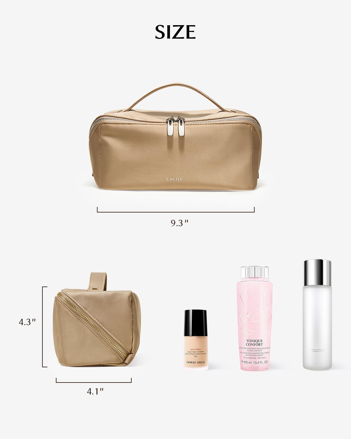 Eachy Travel Makeup Bag – Satin, Large Capacity with Handle & 180° Wide Opening