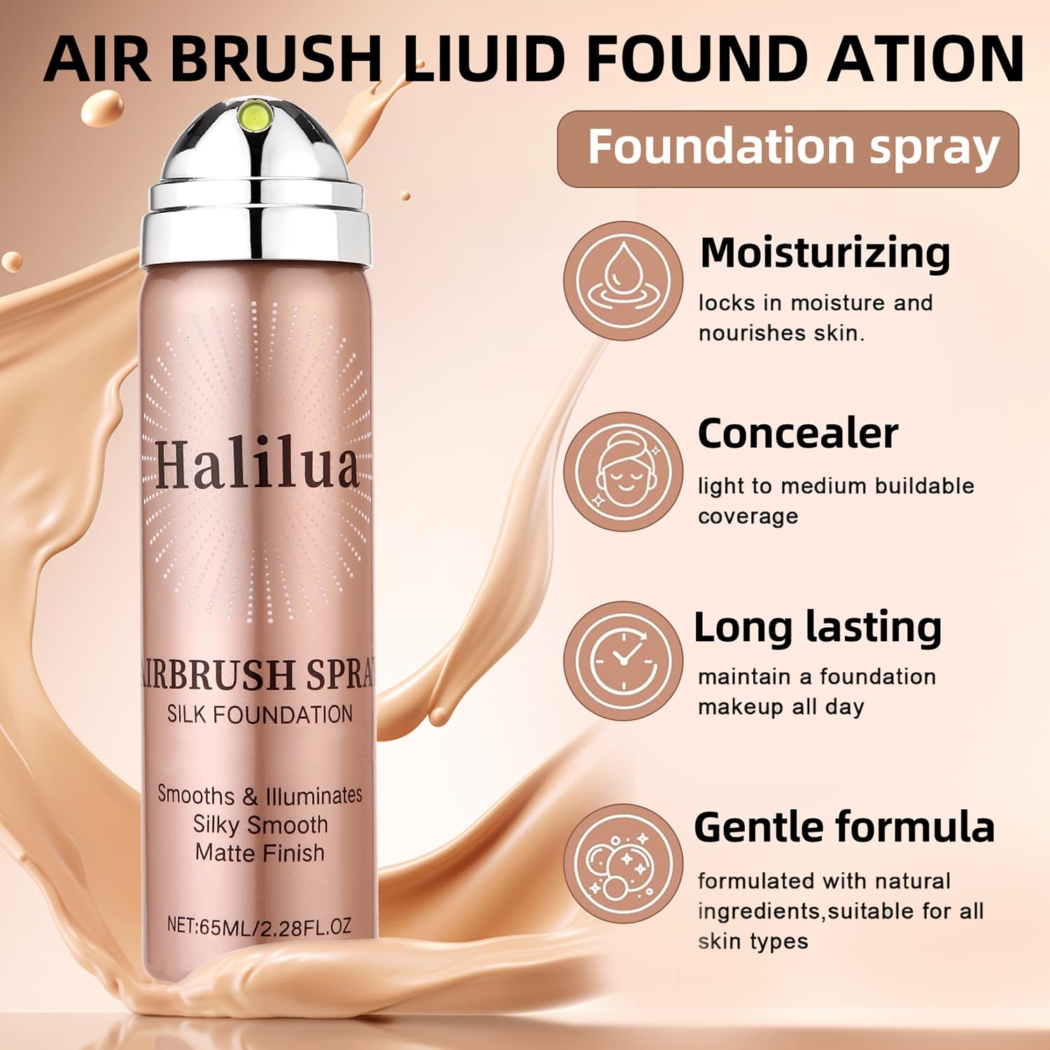 Eakroo Airbrush Foundation Spray with Primer – Buildable, Waterproof Coverage (Shade 2Beige)