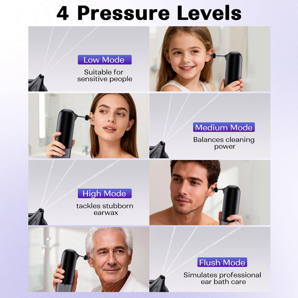 Ear Wax Removal System – 4 Pressure Settings, IPX7 Waterproof, USB Rechargeable, 6 Nozzles