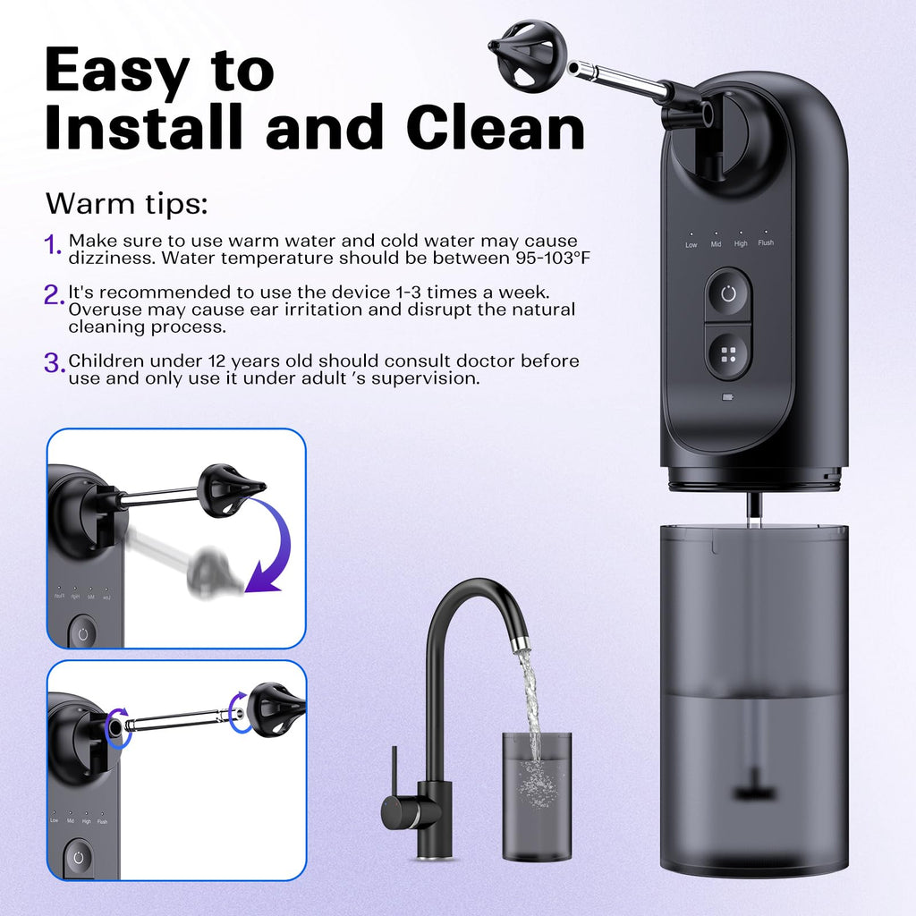 Ear Wax Removal System – 4 Pressure Settings, IPX7 Waterproof, USB Rechargeable, 6 Nozzles