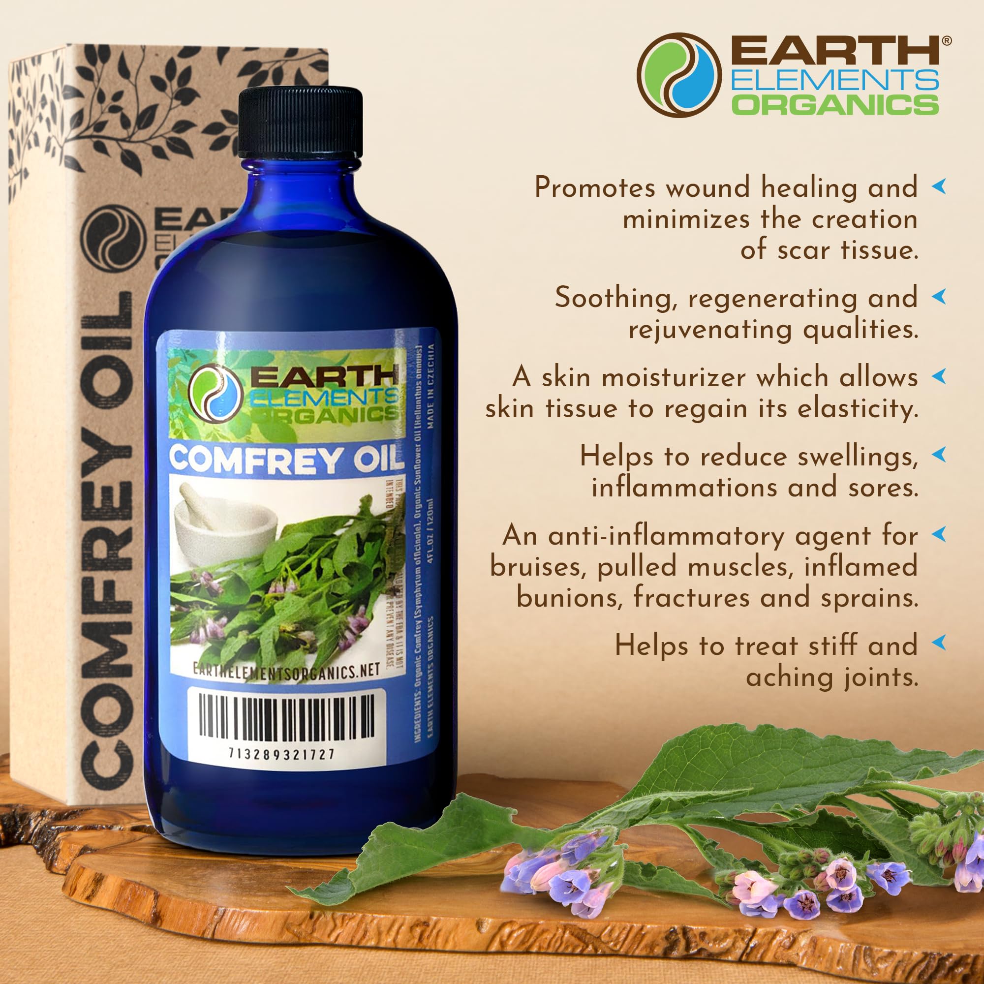 Earth Elements Organics Comfrey Oil – Organic Herbal Skincare, Sunflower Oil, 4 fl oz