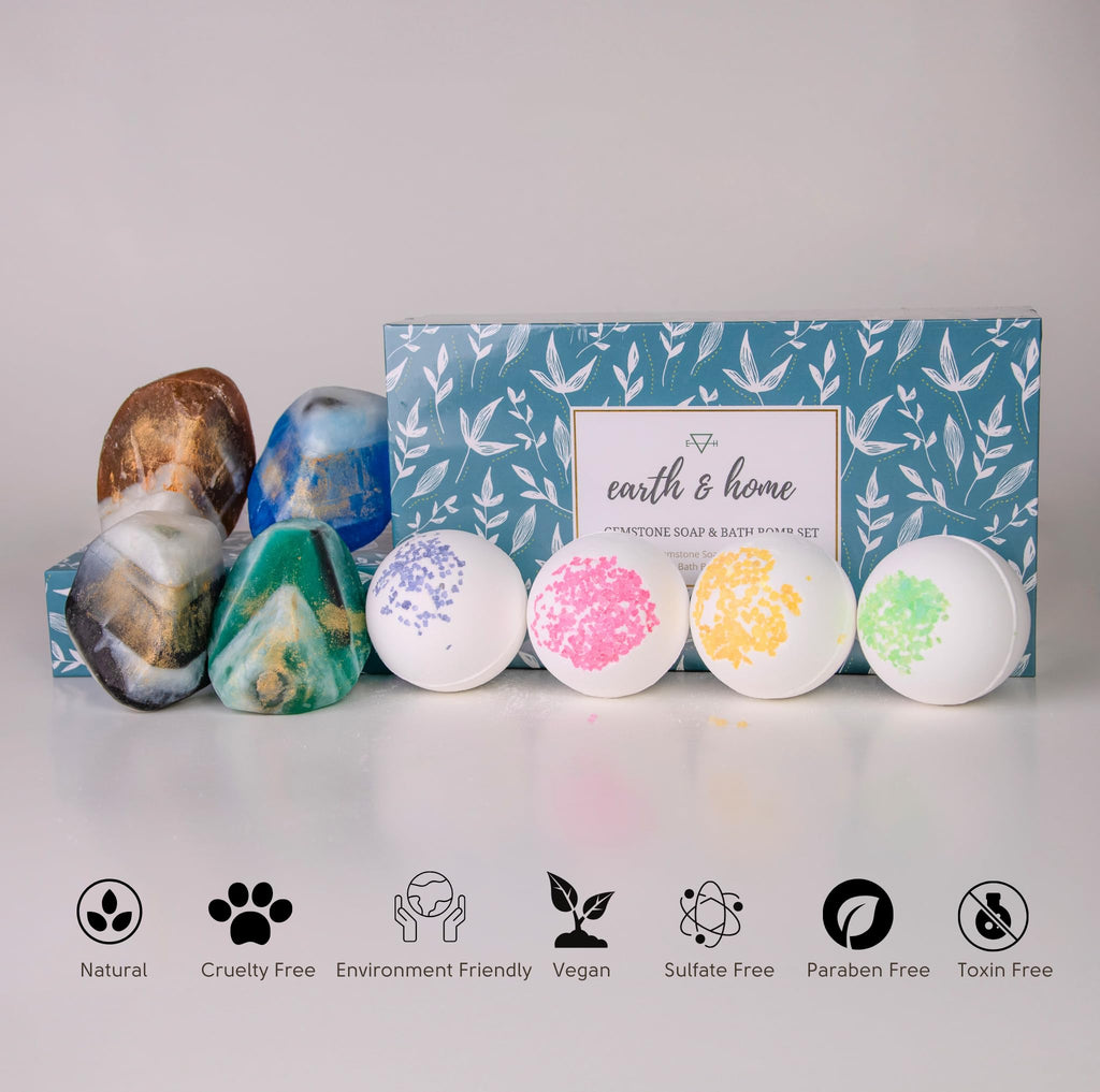 Earth & Home Gemstone Soap & Bath Bomb Set – Relaxing Spa Gift with Crystals
