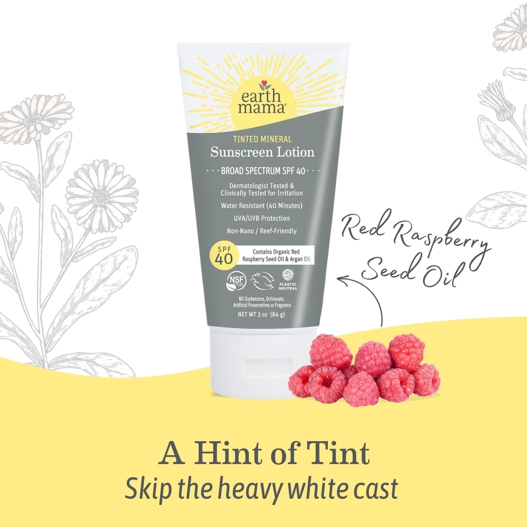 Earth Mama Tinted Mineral Sunscreen Lotion SPF 40 – 2-Pack with Organic Argan & Red Raspberry Seed Oil