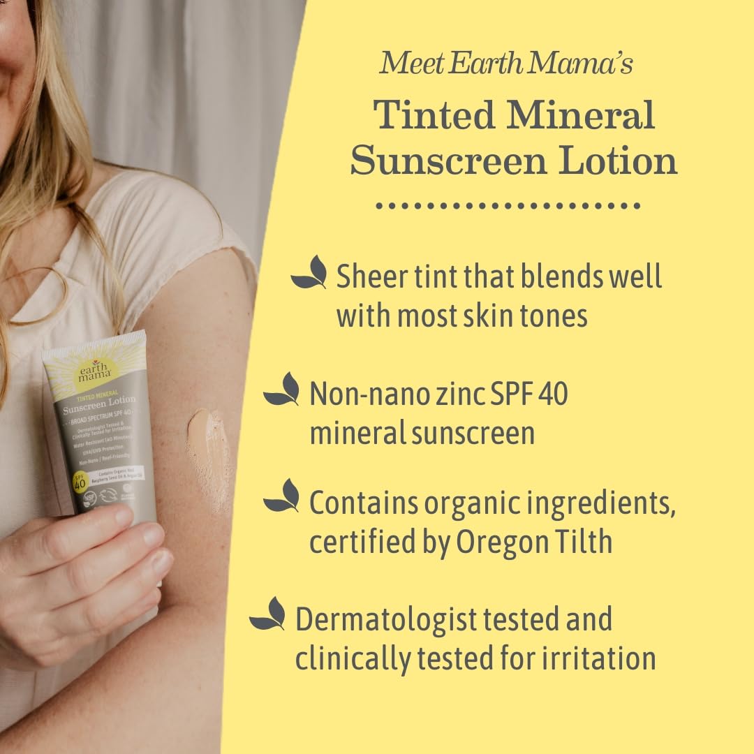Earth Mama Tinted Mineral Sunscreen Lotion SPF 40 – 2-Pack with Organic Argan & Red Raspberry Seed Oil