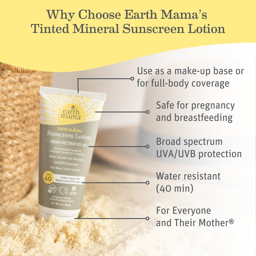 Earth Mama Tinted Mineral Sunscreen Lotion SPF 40 – 2-Pack with Organic Argan & Red Raspberry Seed Oil