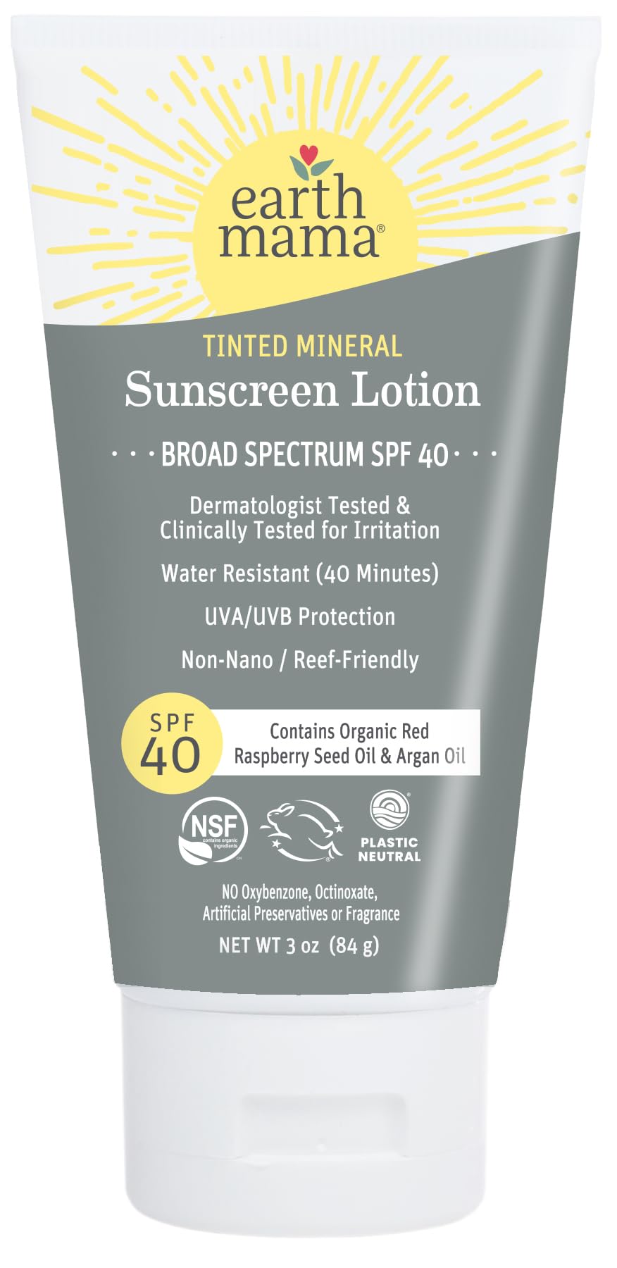 Earth Mama Tinted Mineral Sunscreen Lotion SPF 40 — 3 oz with Organic Argan & Red Raspberry Seed Oil