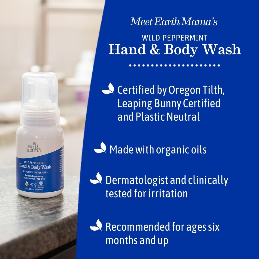 Earth Mama Wild Peppermint Hand and Body Wash – Foaming Castile Soap with Organic Peppermint & Coconut Oil (34 fl oz)
