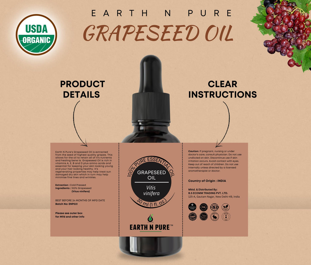 Earth N Pure Grapeseed Oil – Cold-Pressed, Therapeutic Grade, 30 ml