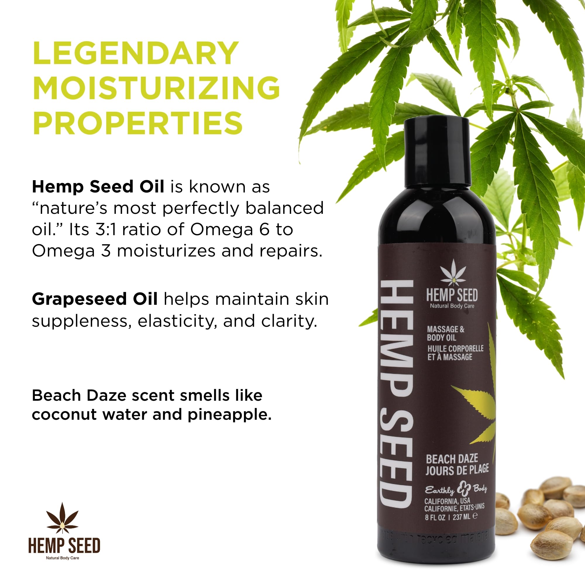 Earthly Body Hemp Seed Massage & Body Oil | Beach Daze Scent, 8 oz – Nourishing, Moisturizing, Vegan
