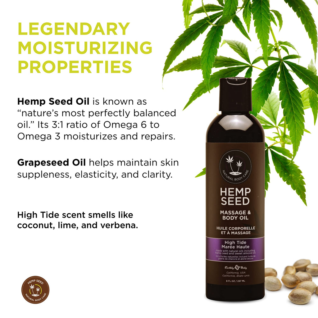 Earthly Body Hemp Seed Massage & Body Oil – High Tide Scent, 8 oz | Nourishing, Vegan & Cruelty-Free