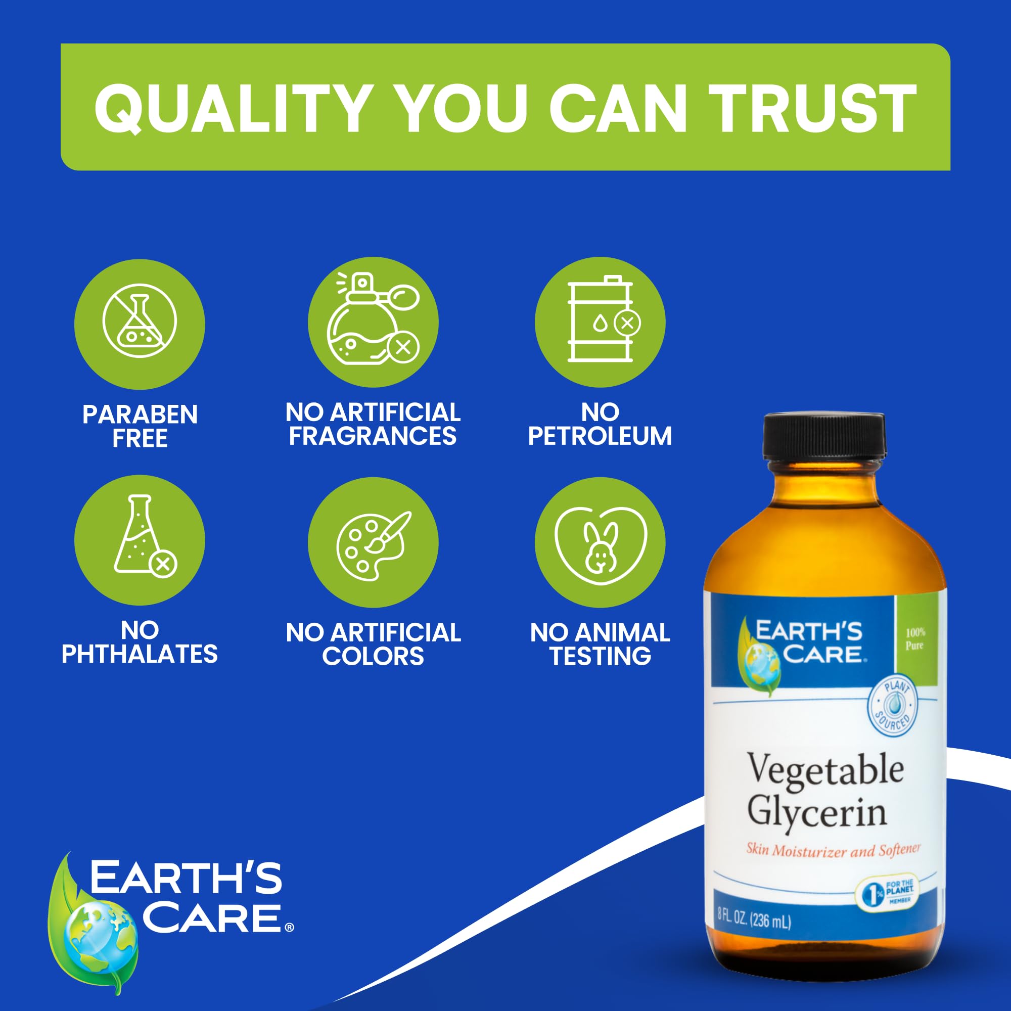 Earth's Care Vegetable Glycerin — 100% Pure Liquid Glycerine for Hair, Skin & DIY | 8 oz Glass Bottle
