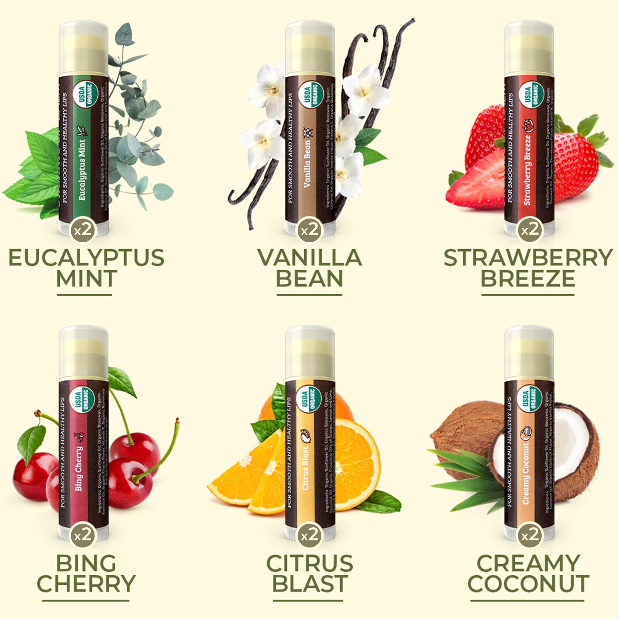 Earth's Daughter USDA Organic Lip Balm 12-Pack (2x6) – Fruit Flavors, Beeswax & Coconut Oil