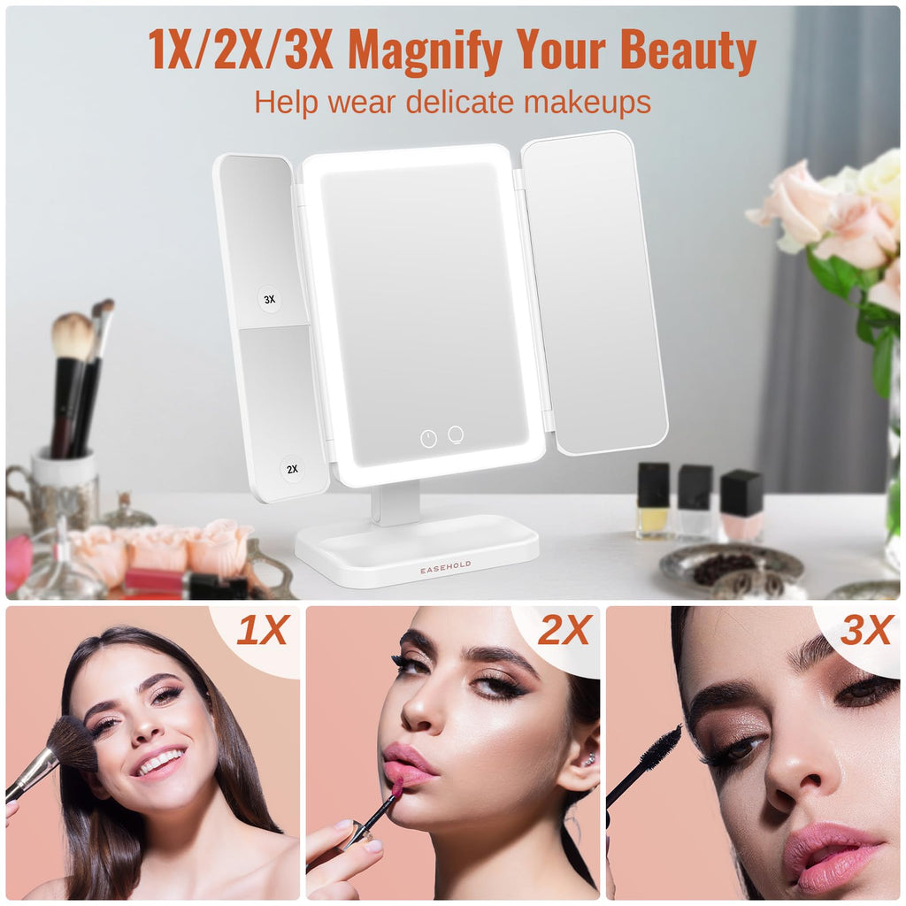 EASEHOLD Lighted Makeup Mirror with 3X Magnification, 3 Color Lights, Touch Sensor – Rechargeable Trifold Vanity