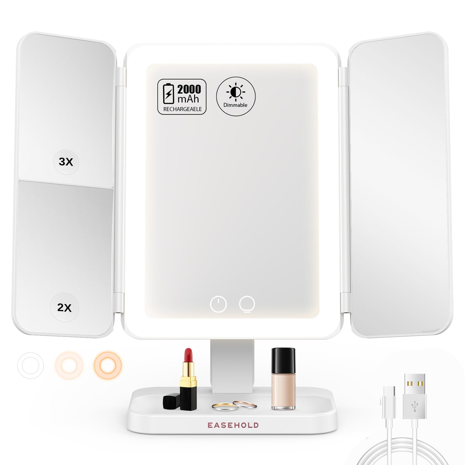 EASEHOLD Lighted Makeup Mirror with 3X Magnification, 3 Color Lights, Touch Sensor – Rechargeable Trifold Vanity