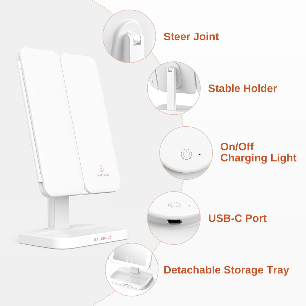 EASEHOLD Lighted Makeup Mirror with 3X Magnification, 3 Color Lights, Touch Sensor – Rechargeable Trifold Vanity