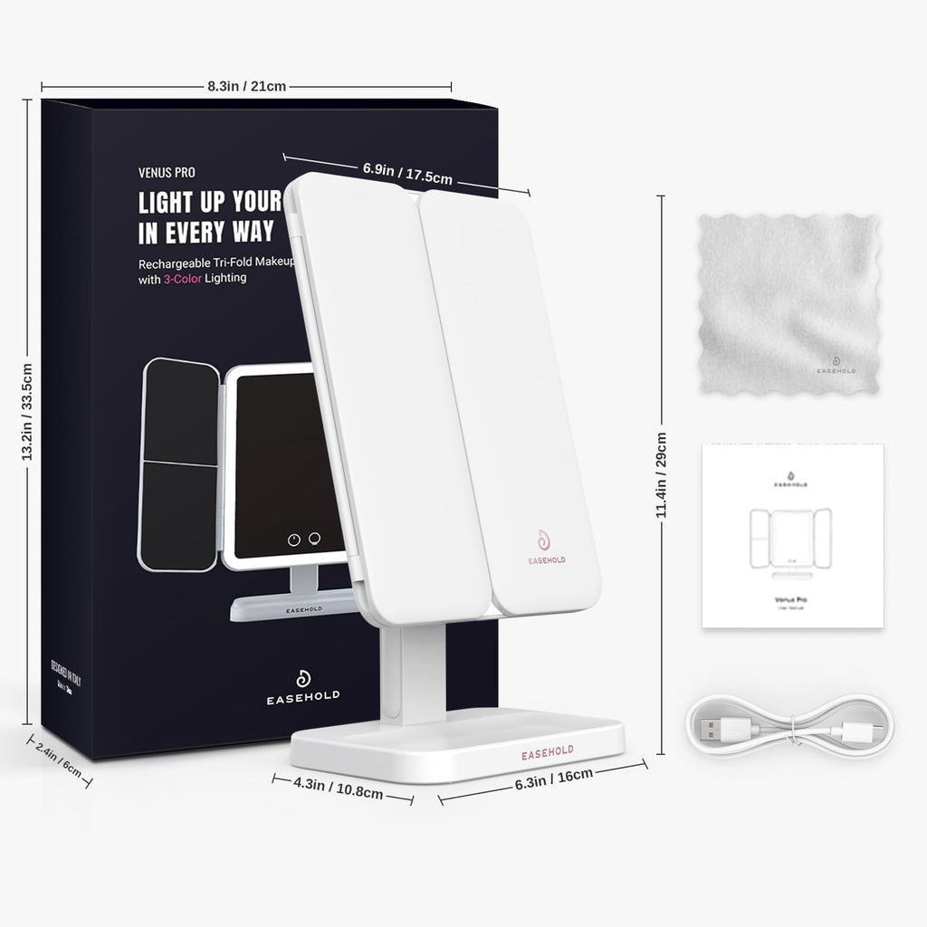 EASEHOLD Lighted Makeup Mirror with 3X Magnification, 3 Color Lights, Touch Sensor – Rechargeable Trifold Vanity