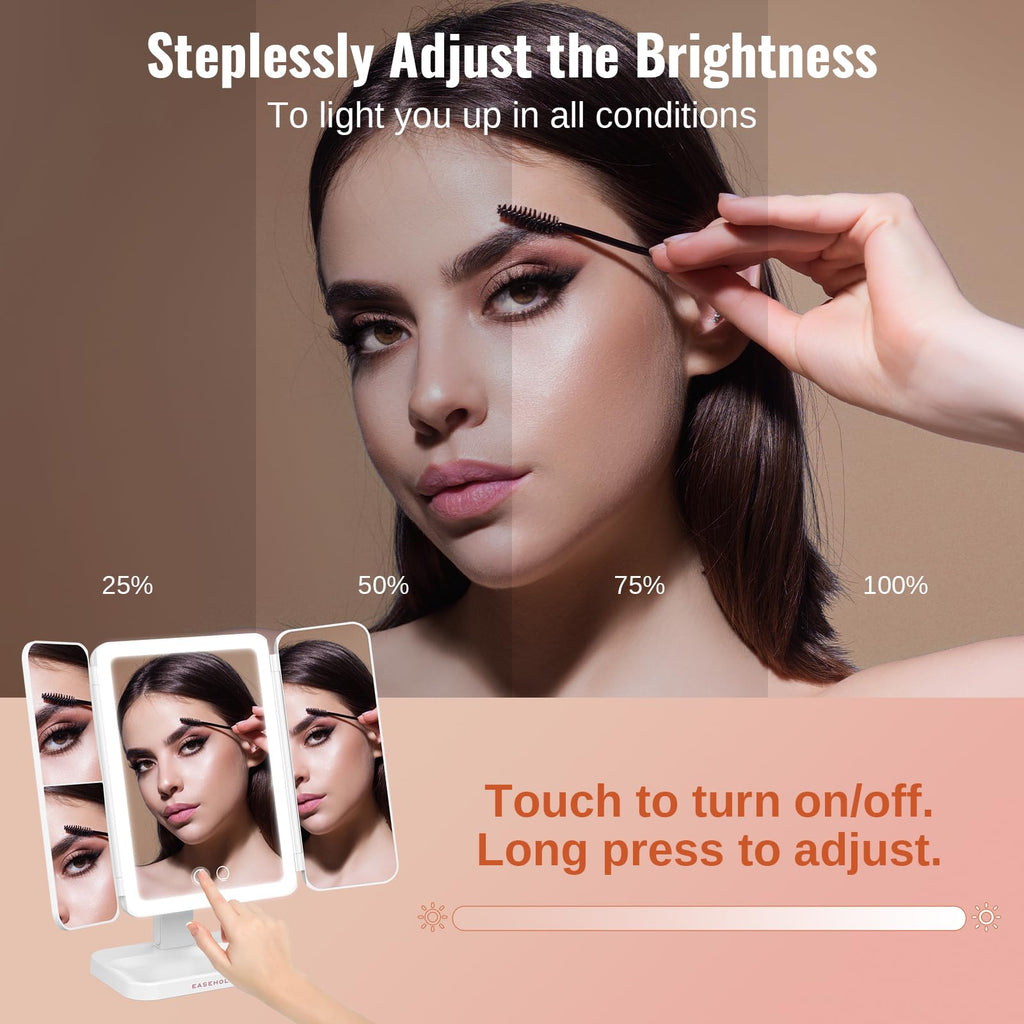 EASEHOLD Lighted Makeup Mirror with 3X Magnification, 3 Color Lights, Touch Sensor – Rechargeable Trifold Vanity