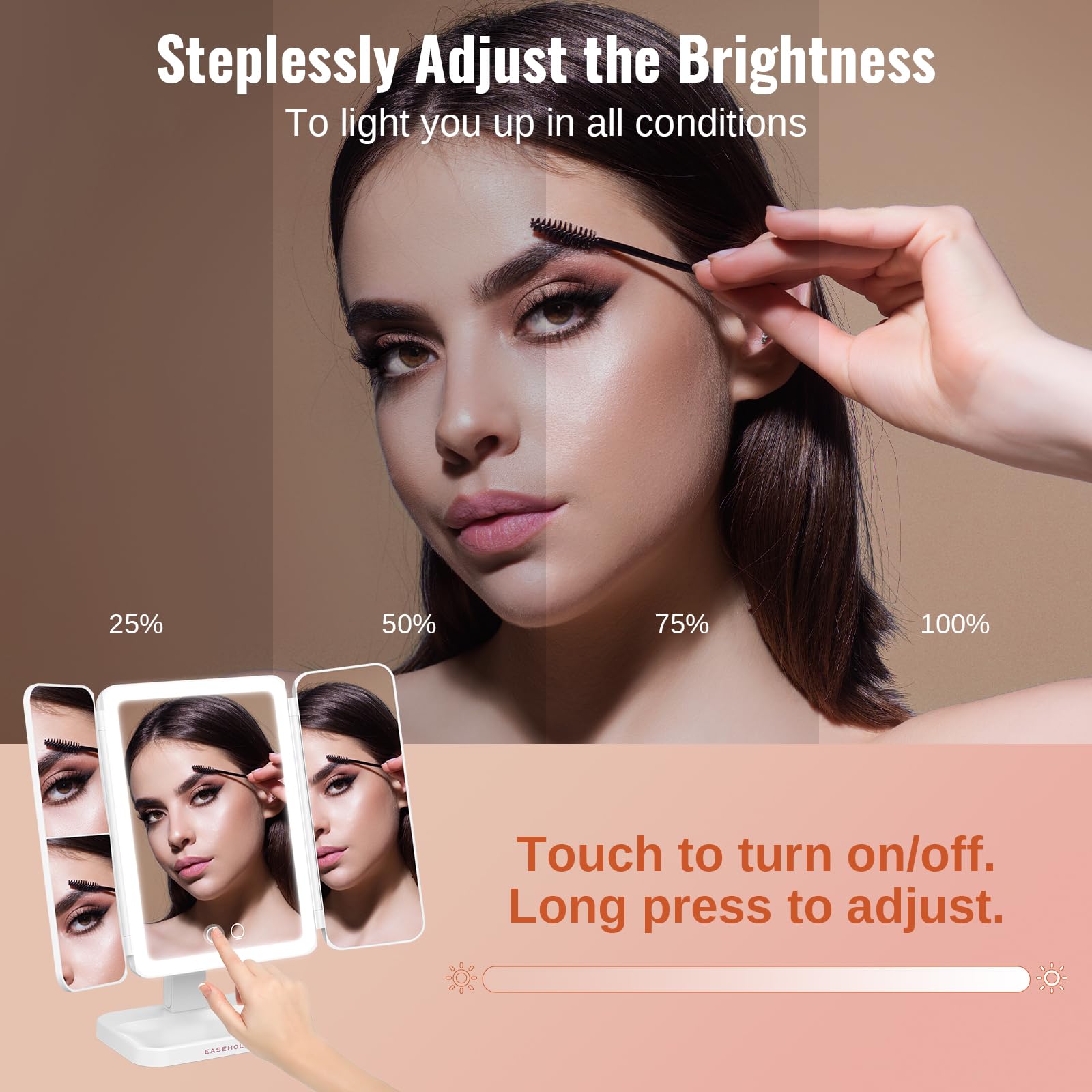 EASEHOLD Lighted Makeup Mirror with 3X Magnification, 3 Color Lights, Touch Sensor – Rechargeable Trifold Vanity